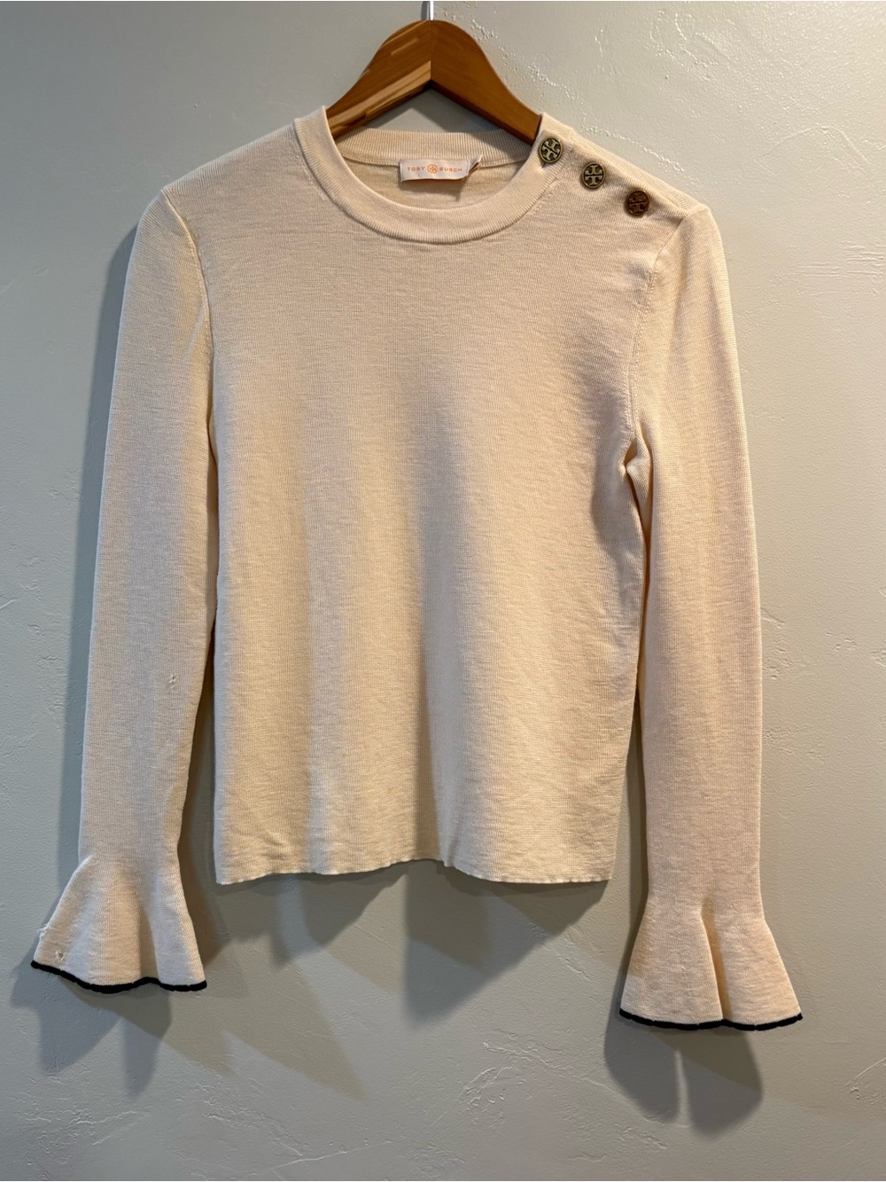 Tory Burch 100% Merino Wool Cream Long-Sleeve Button Shoulder Top